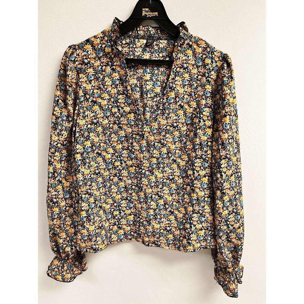 SHEIN Womens Ditsy Floral Notched Flounce Long Sleeve Blouse Floral Size Small